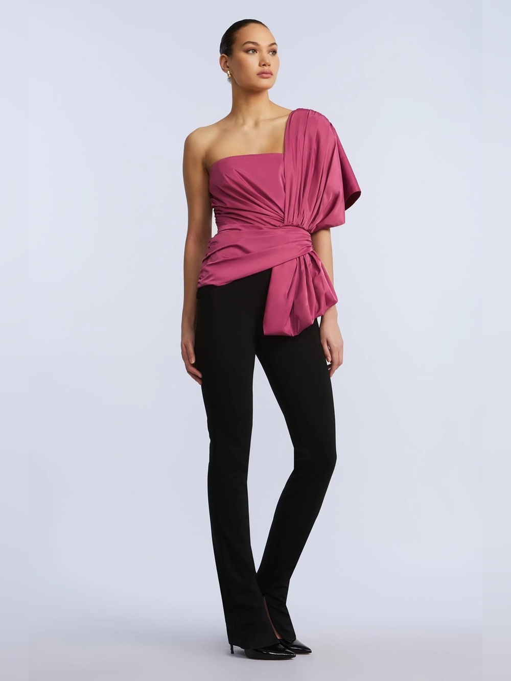 BCBGMaxAzria Magenta One-Shoulder Bow Jumpsuit